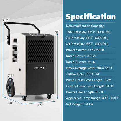 154 Pints Commercial Dehumidifier with Pump and Drain Hoses-White