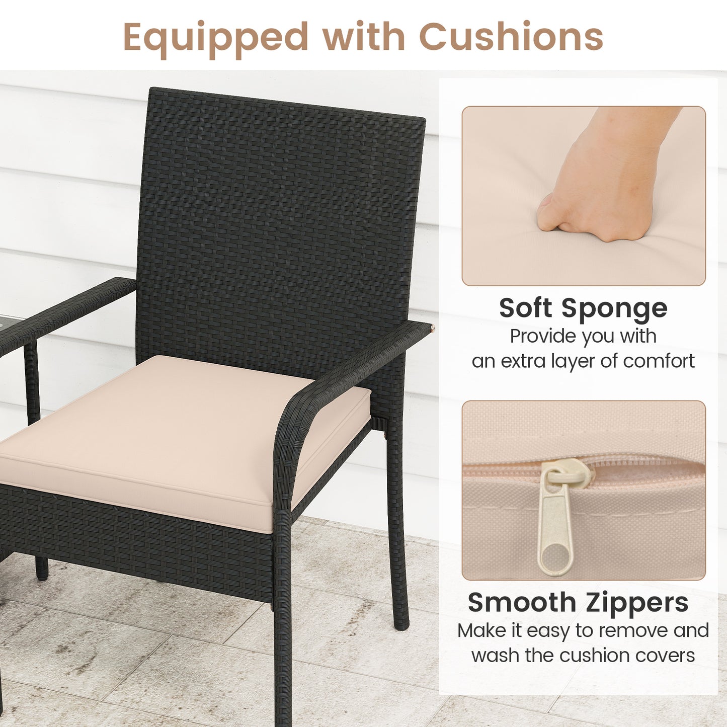 3 Piece Patio Furniture Set with Seat Cushions and Tempered Glass Tabletop-Beige