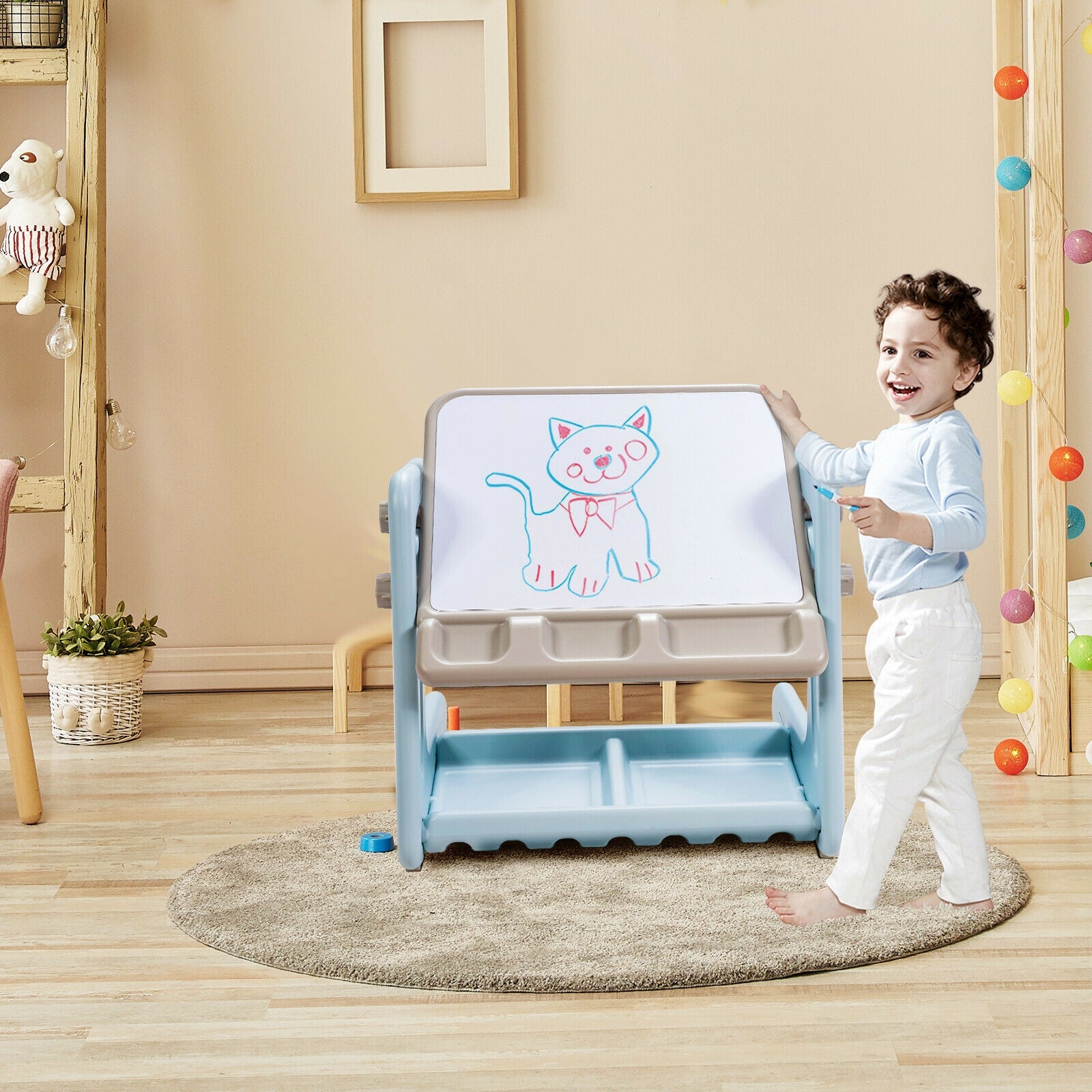 2 in 1 Kids Easel Table and Chair Set with Adjustable Art Painting Board-Blue