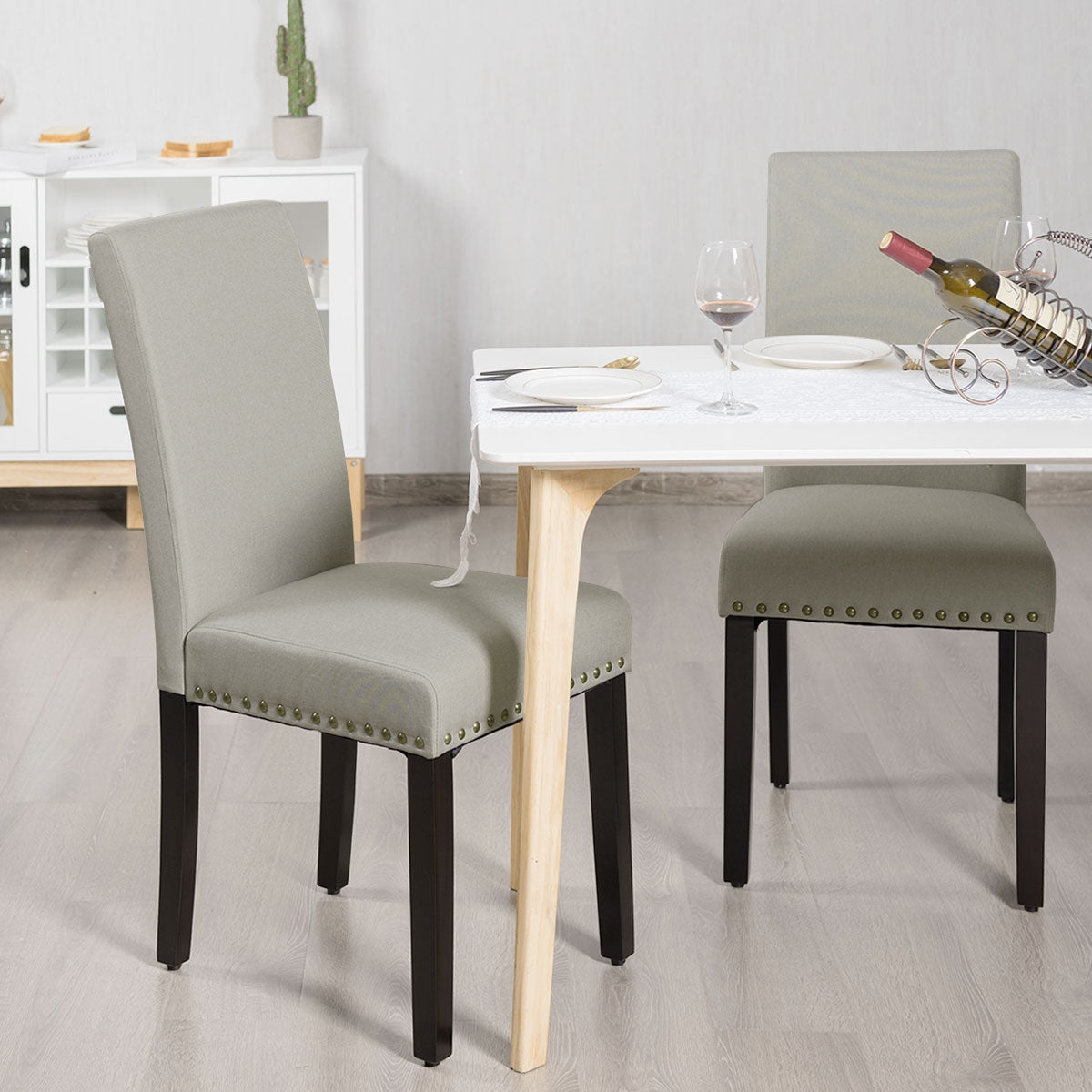 Set of 2 Fabric Upholstered Dining Chairs with Nailhead