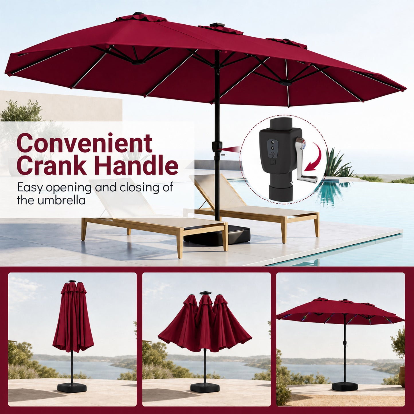 15.5 ft Patio Umbrella with Solar LED Lights and Base