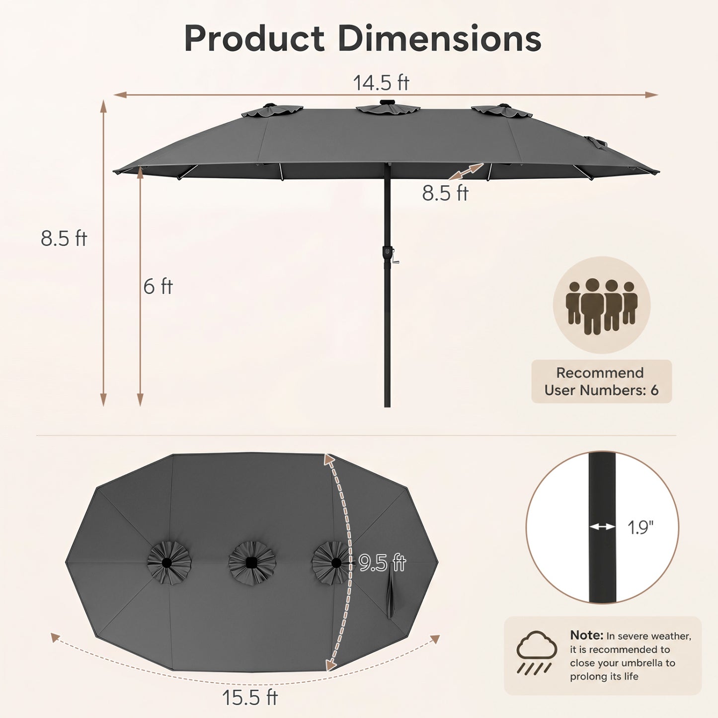 Patio Umbrella 15.5ft with Solar LED Lights and Crank