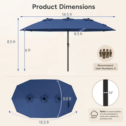 Patio Umbrella 15.5ft with Solar LED Lights and Crank