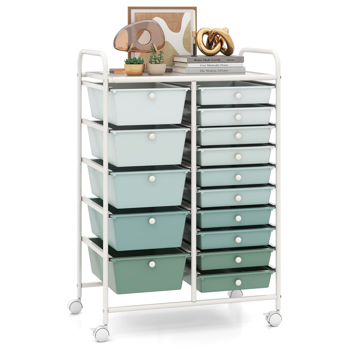 15-Drawer Utility Rolling Organizer Cart Multi-Use Storage-Purple - Lime Green