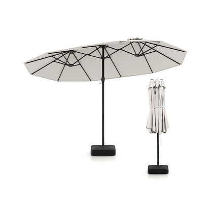 15 Feet Double-Sided Twin Patio Umbrella with Crank and Base-Black - Beige