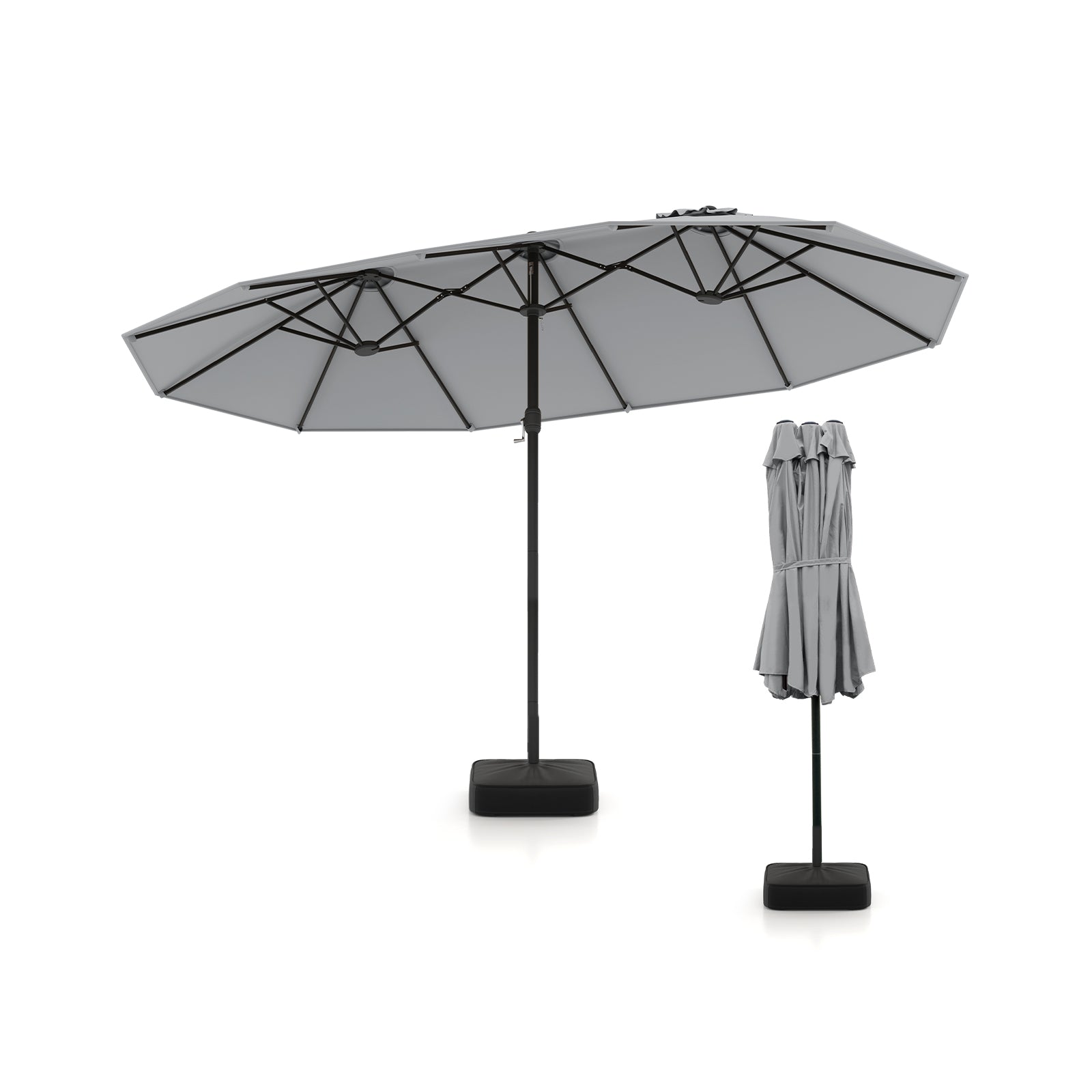 15 Feet Double-Sided Twin Patio Umbrella with Crank and Base-Black - Gray