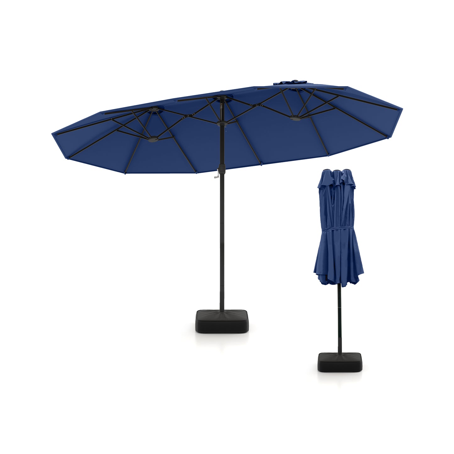 15 Feet Double-Sided Twin Patio Umbrella with Crank and Base-Black - Navy