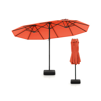 15 Feet Double-Sided Twin Patio Umbrella with Crank and Base-Black - Orange