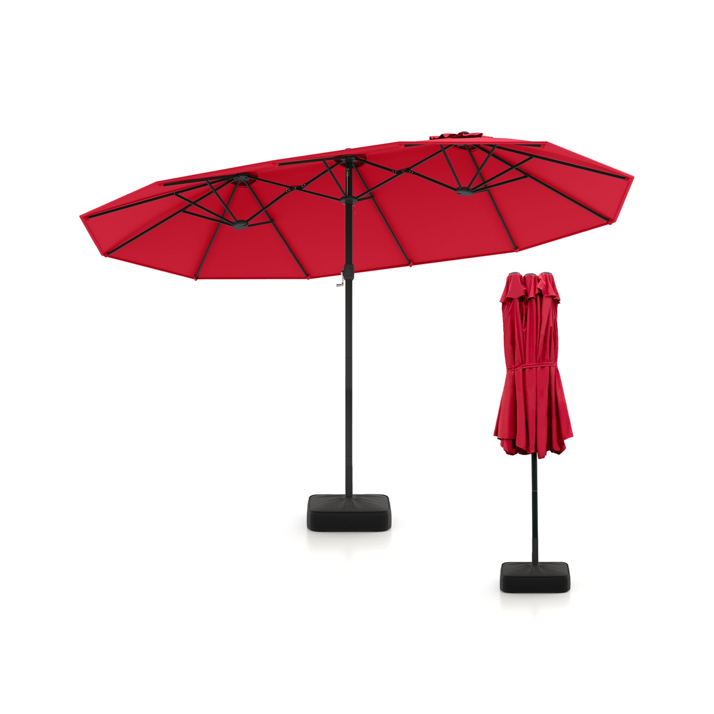 15 Feet Double-Sided Twin Patio Umbrella with Crank and Base-Black - Red