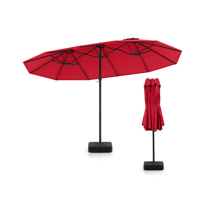 15 Feet Double-Sided Twin Patio Umbrella with Crank and Base-Black - Red