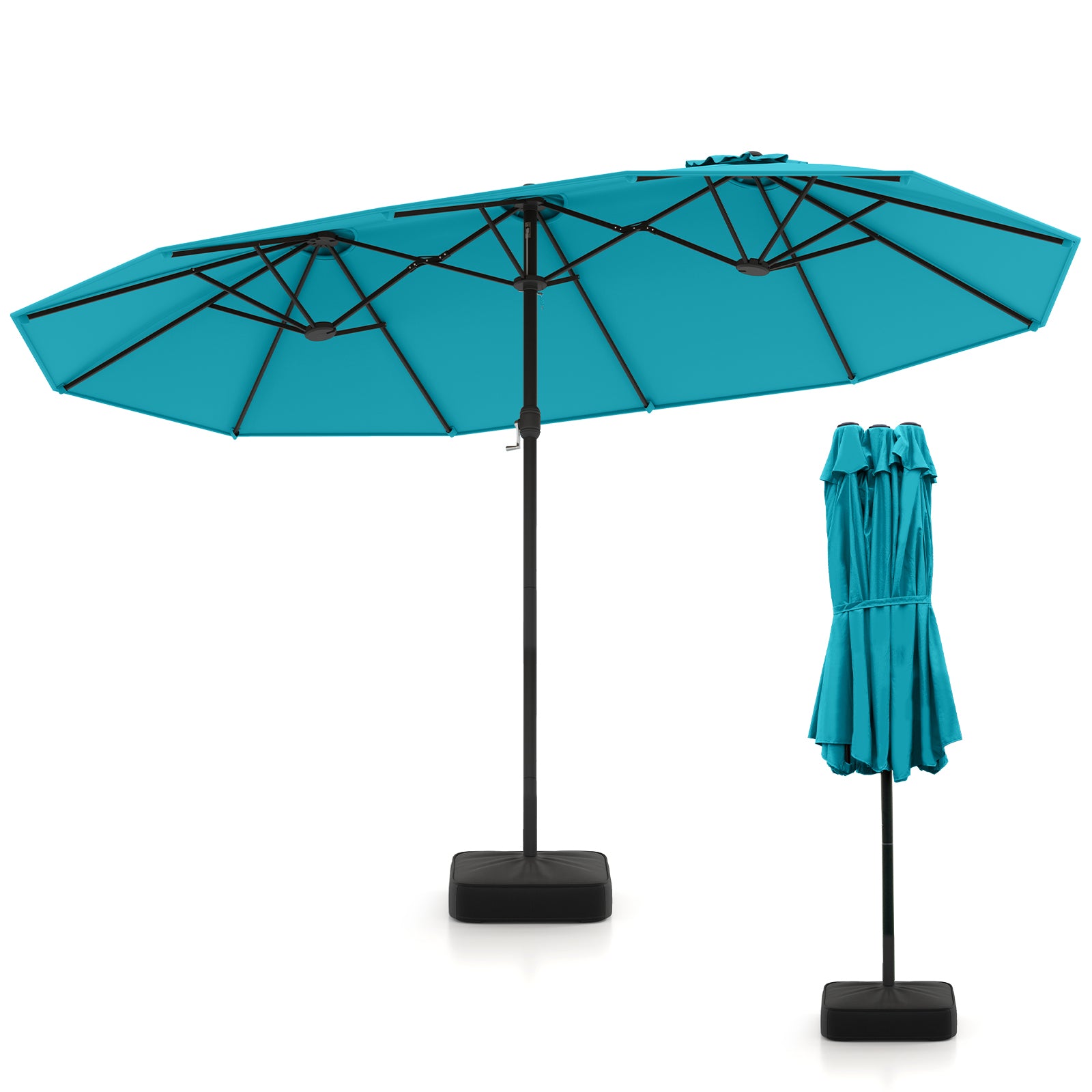 15 Feet Double-Sided Twin Patio Umbrella with Crank and Base-Black - Turquoise
