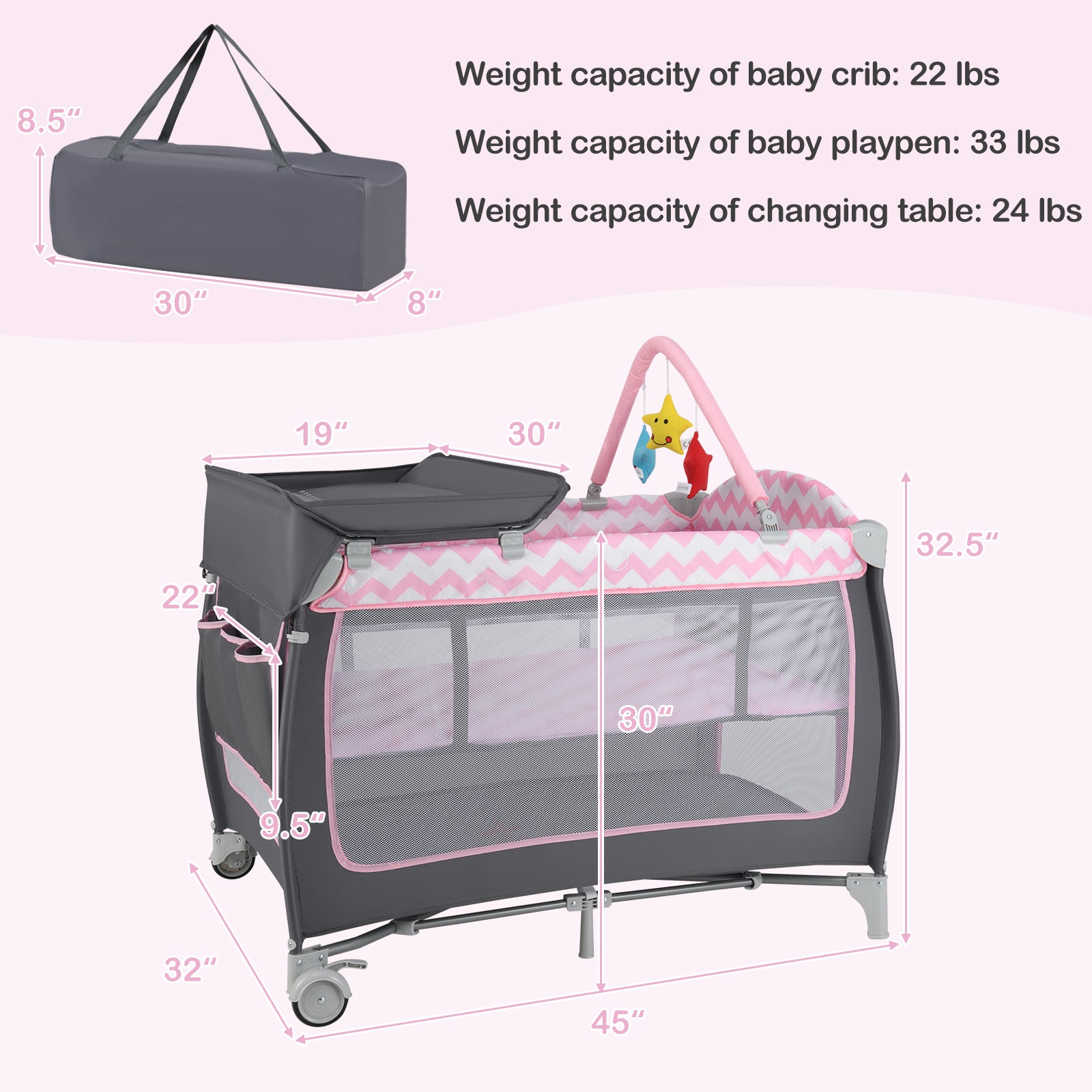 3-in-1 Portable Baby Playard with Zippered Door and Toy Bar-Gray - Pink
