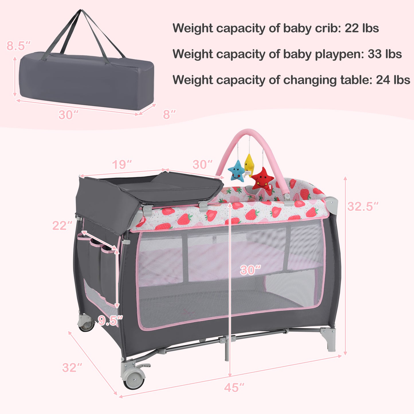 3-in-1 Portable Baby Playard with Zippered Door and Toy Bar-Gray - Red