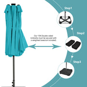 15 Feet Twin Patio Umbrella with 48 Solar LED Lights-Turquoise