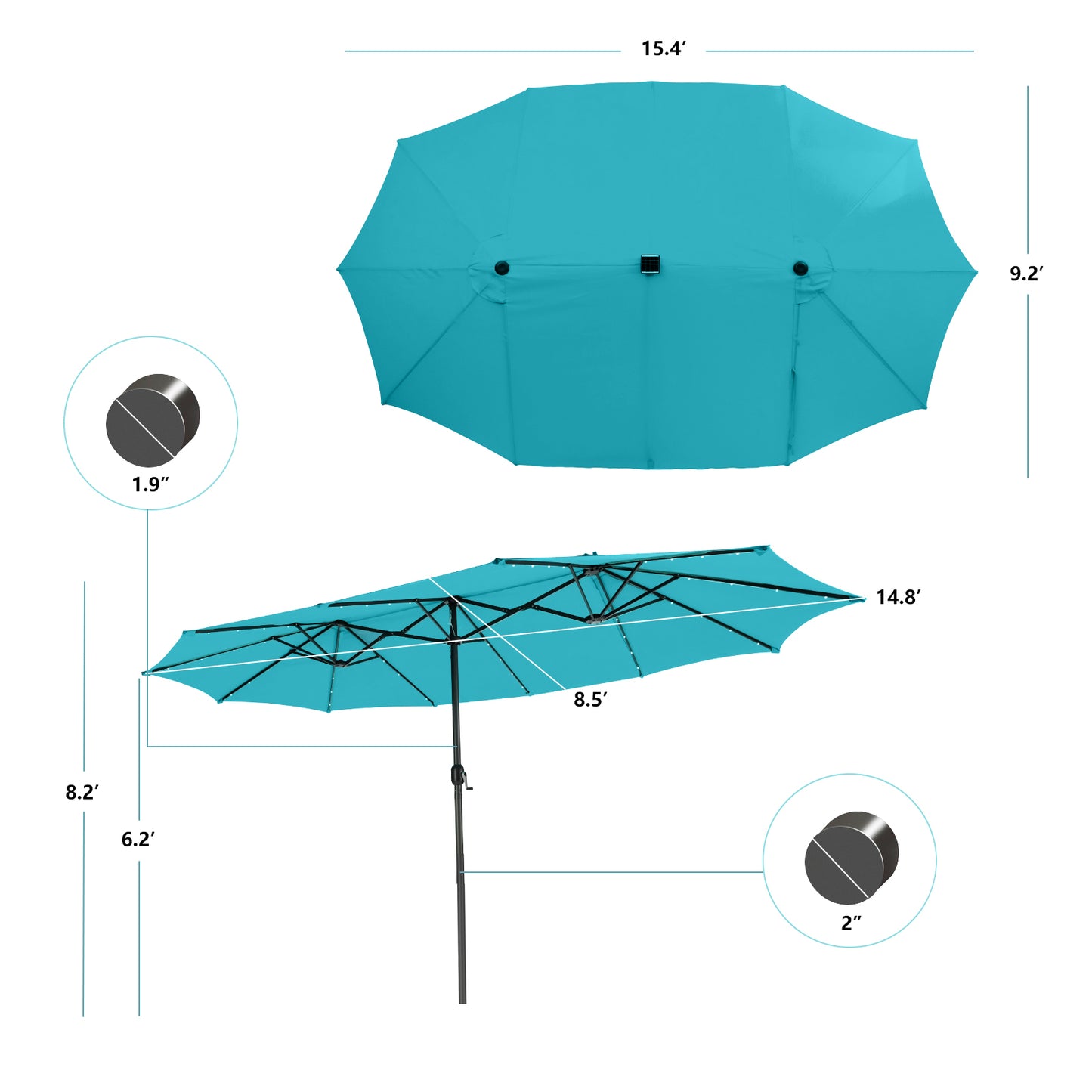 15 Feet Twin Patio Umbrella with 48 Solar LED Lights-Orange - Turquoise