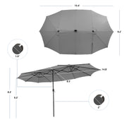 15 Feet Twin Patio Umbrella with 48 Solar LED Lights-Gray