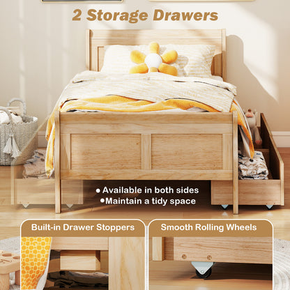 Twin Size Sleigh Bed with 2 Storage Drawers Wood Platform Bed Frame-Natural
