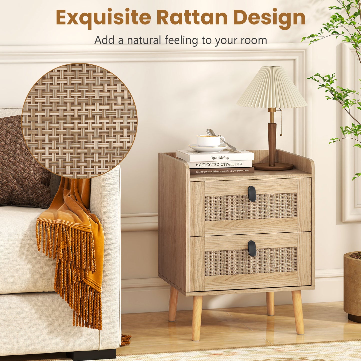 Modern End Table Bedside Table with 2 Rattan Decorated Drawers-Natural