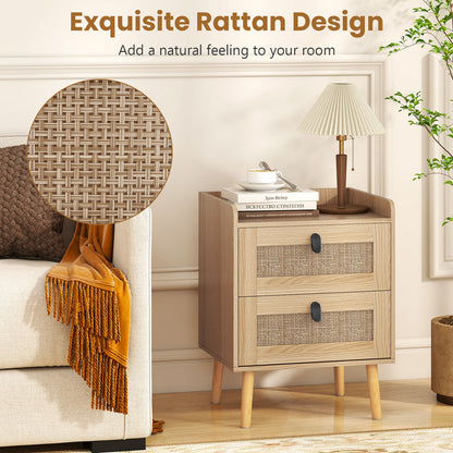 Modern End Table Bedside Table with 2 Rattan Decorated Drawers-Natural