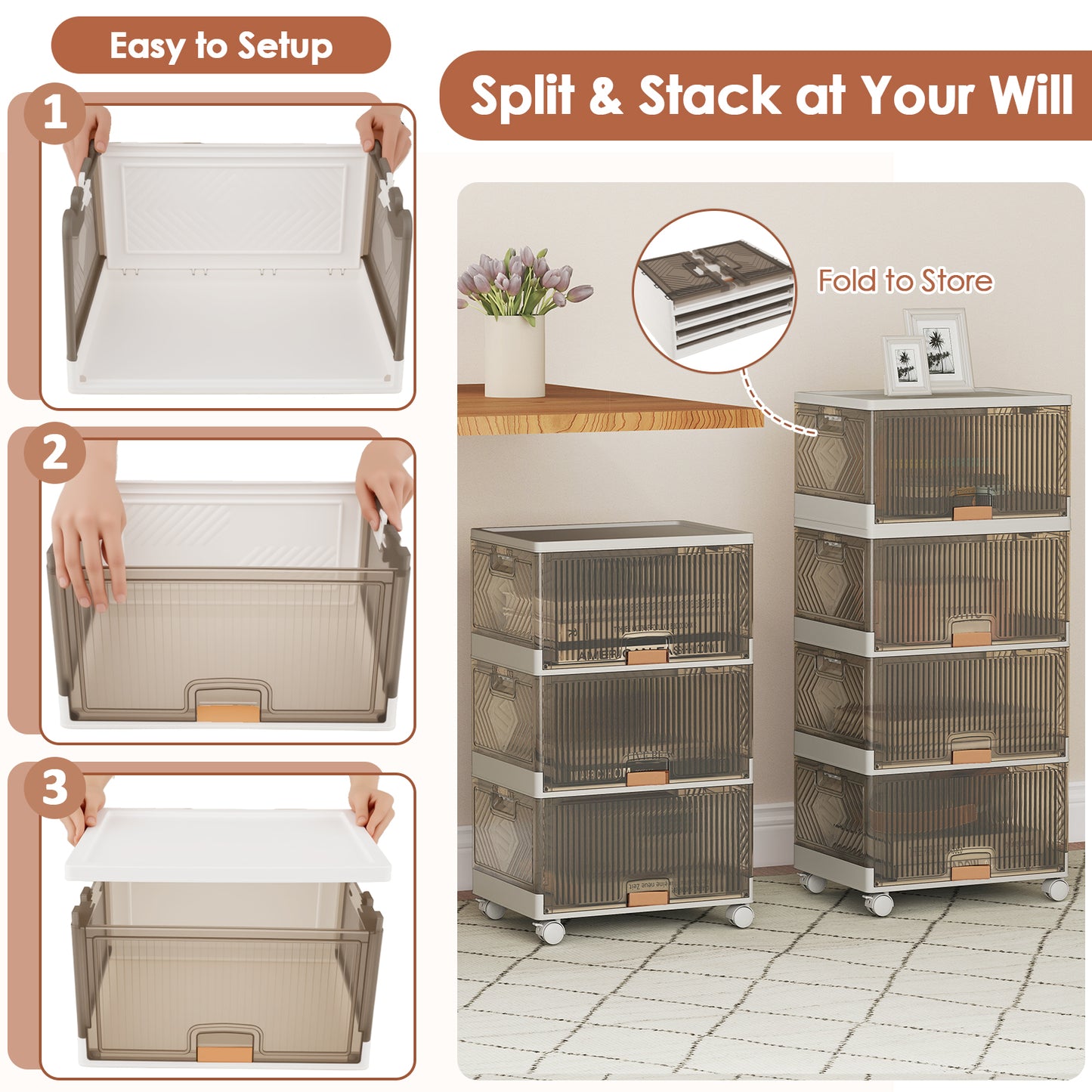 3/4/5/6-Cube Stackable Storage Bins with Detachable Wheels-4 Cube