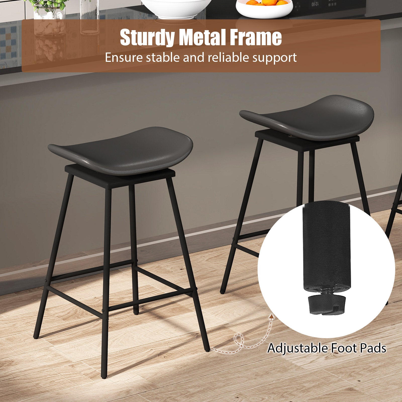 Set of 2 Swivel Barstools Faux Leather Upholstered Backless with Footrest-Black