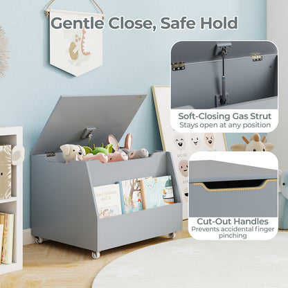 Wooden Mobile Toy Storage Organizer with Bookshelf and Lockable Wheels-Gray