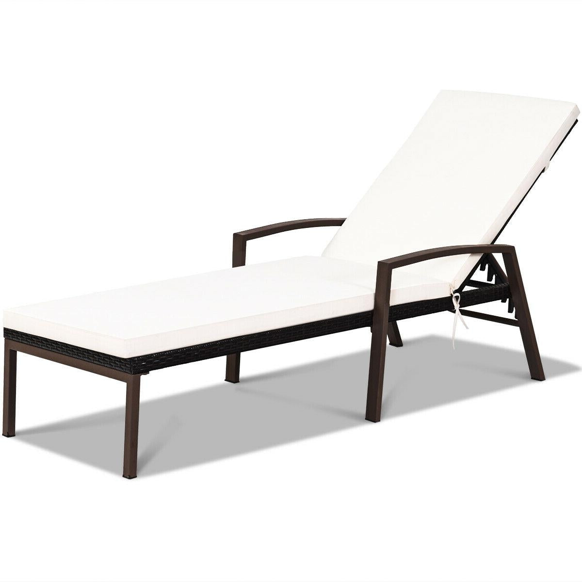 Patio Rattan Lounge Chaise Recliner with Back Adjustable Cushioned-White - White