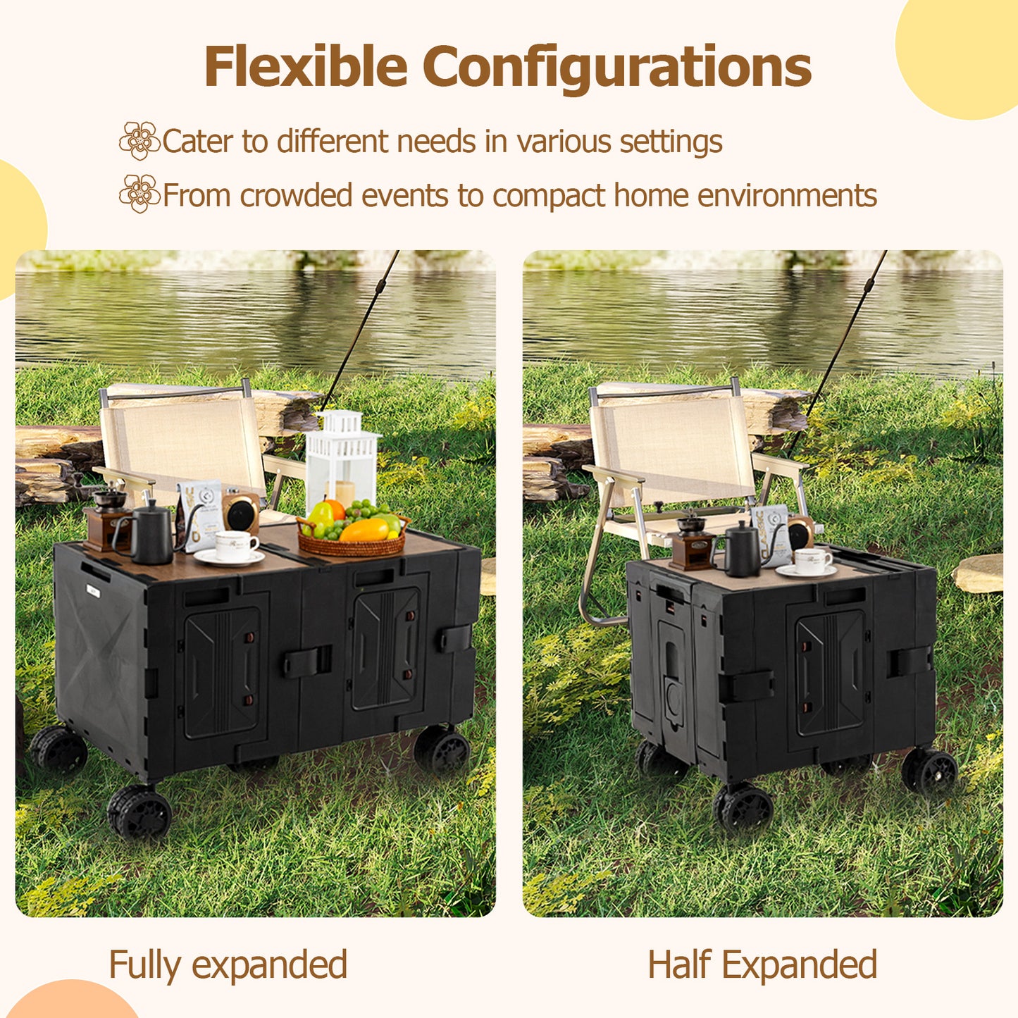 Large Foldable Utility Cart with 2-Tier Storage Crates and Telescoping Handle-Black