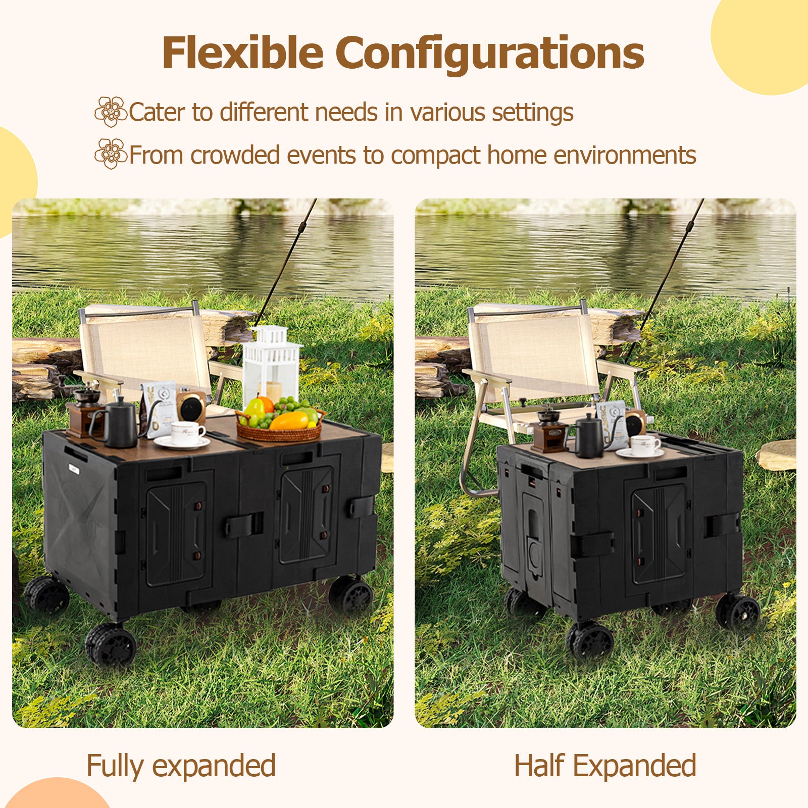 Large Foldable Utility Cart with 2-Tier Storage Crates and Telescoping Handle-Black