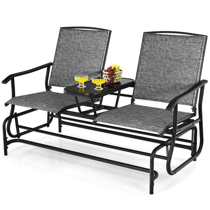 2-Person Double Rocking Loveseat with Mesh Fabric and Center Tempered Glass Table-Red - Gray