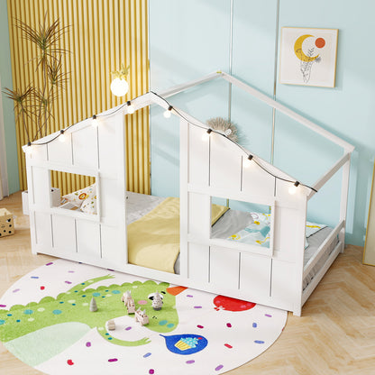 Twin Size House Bed with LED Lights Montessori Slat-free Floor Bed-White