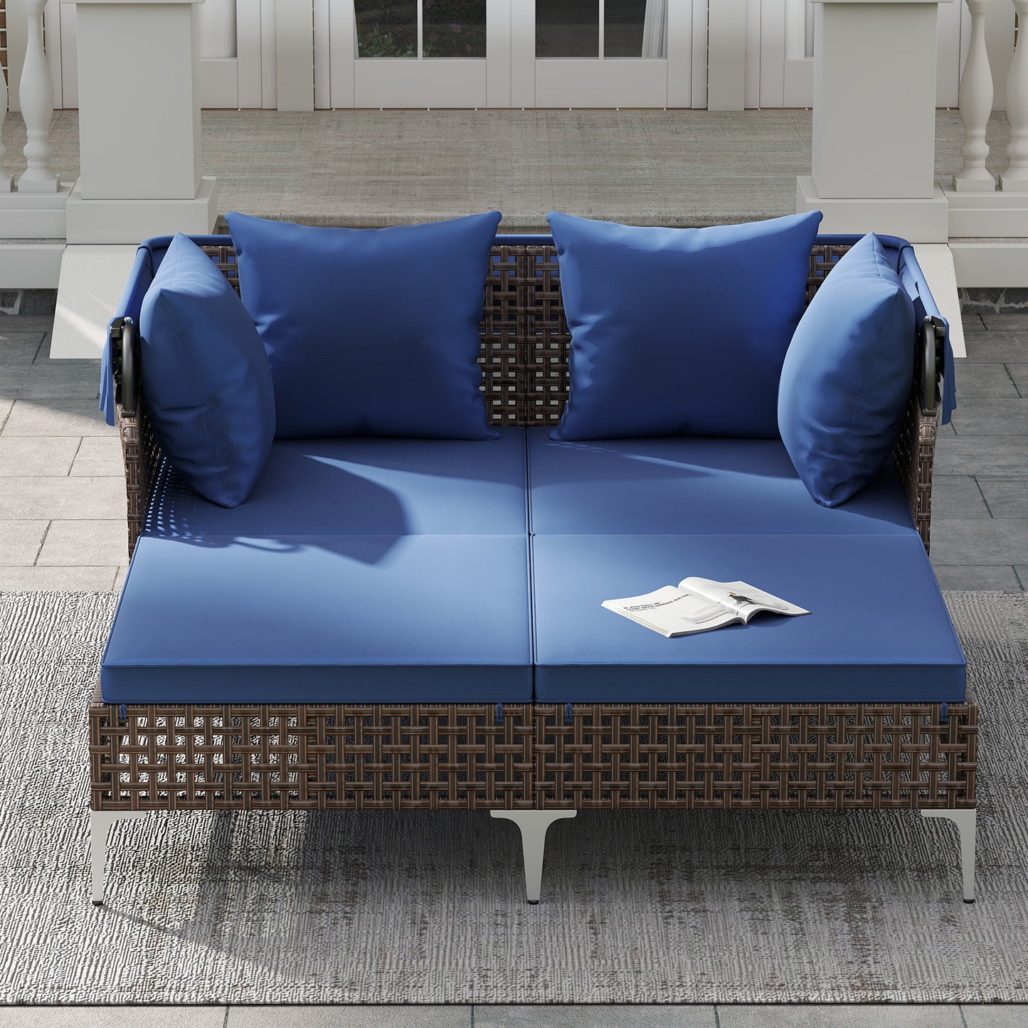 Outdoor Daybed with Retractable Canopy PE Wicker Rattan Patio Lounger-Navy