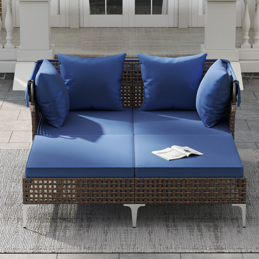 Outdoor Daybed with Retractable Canopy PE Wicker Rattan Patio Lounger-Navy