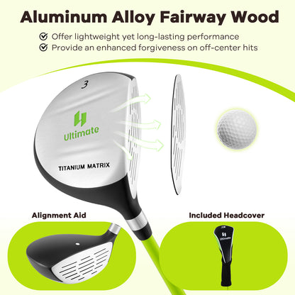 34 Inch 165CC Junior #3 Fairway Wood Golf Club with Fiberglass Shaft for Kids Ages 8-10