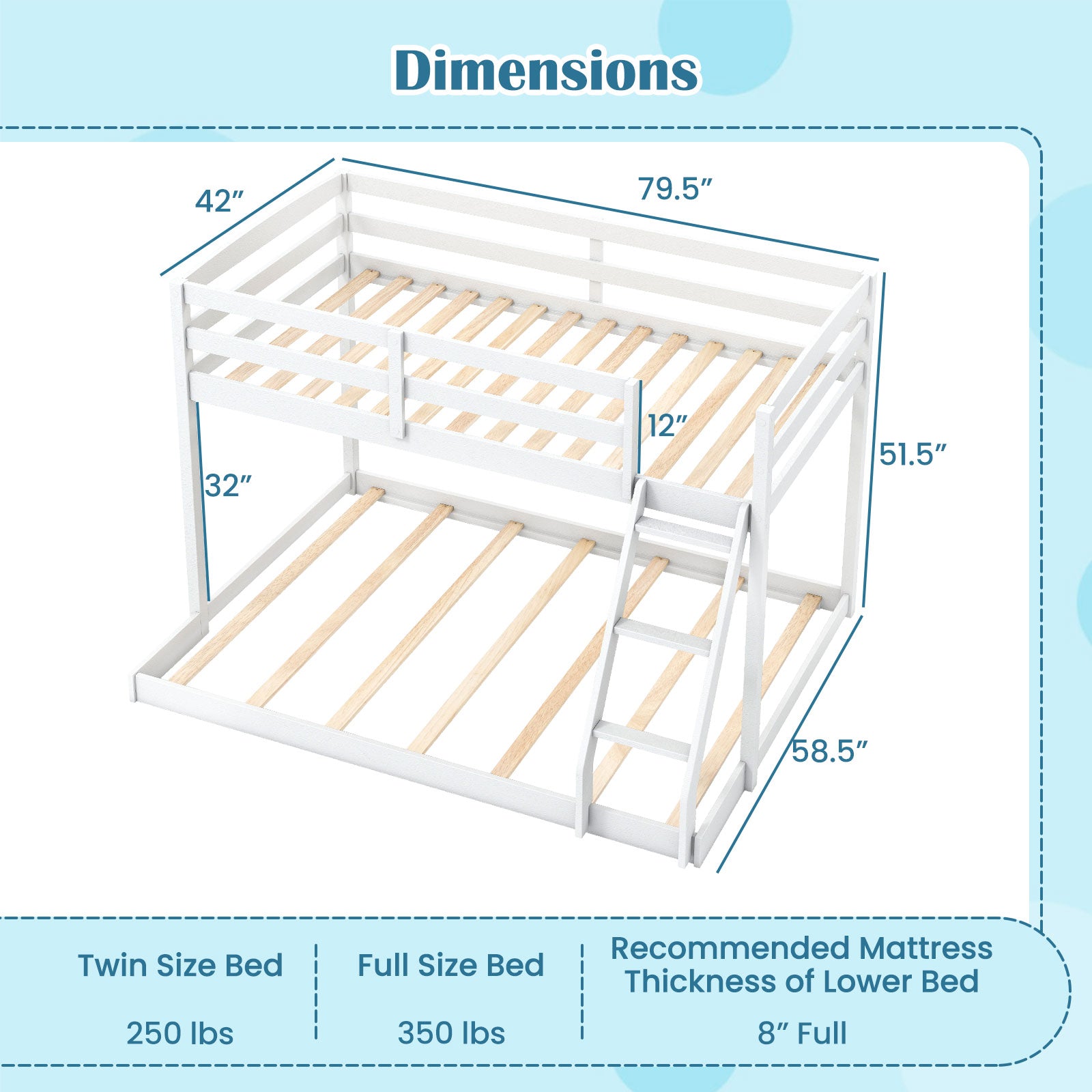 Twin Over Full Bunk Bed Low Floor Bunk Bed Frame-White