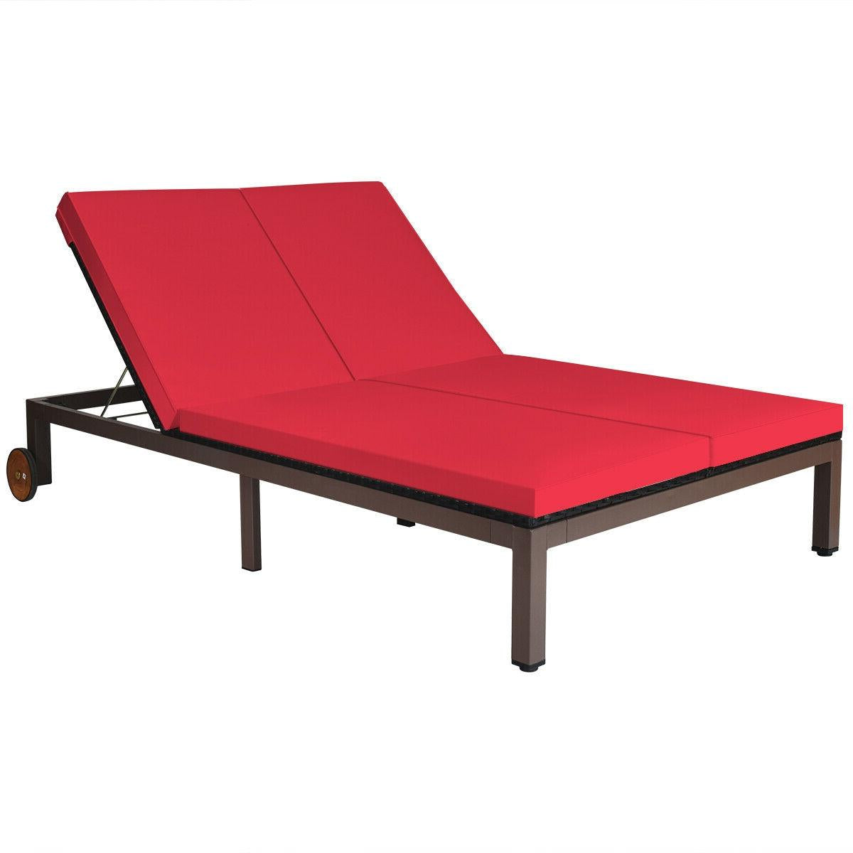 2-Person Patio Rattan Lounge Chair with Adjustable Backrest-White - Red