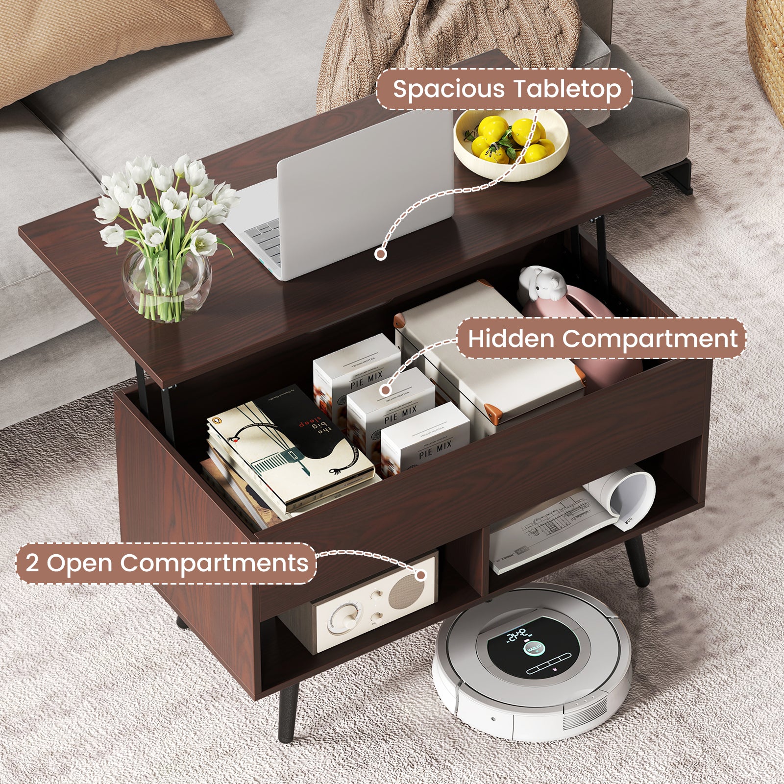 31.5 Inch Lift-Top Coffee Table with Hidden Storage and 2 Open Shelves-Broen