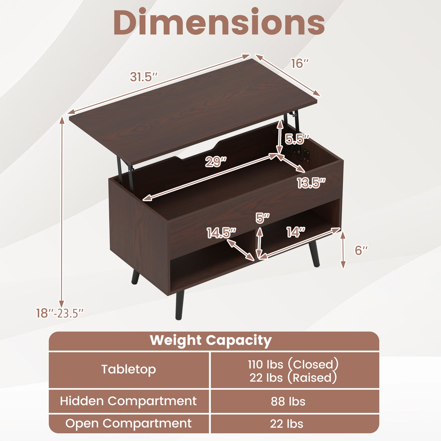 31.5 Inch Lift-Top Coffee Table with Hidden Storage and 2 Open Shelves-Broen