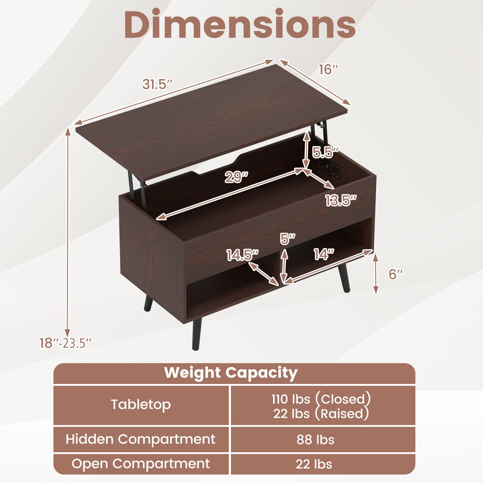31.5 Inch Lift-Top Coffee Table with Hidden Storage and 2 Open Shelves-Broen