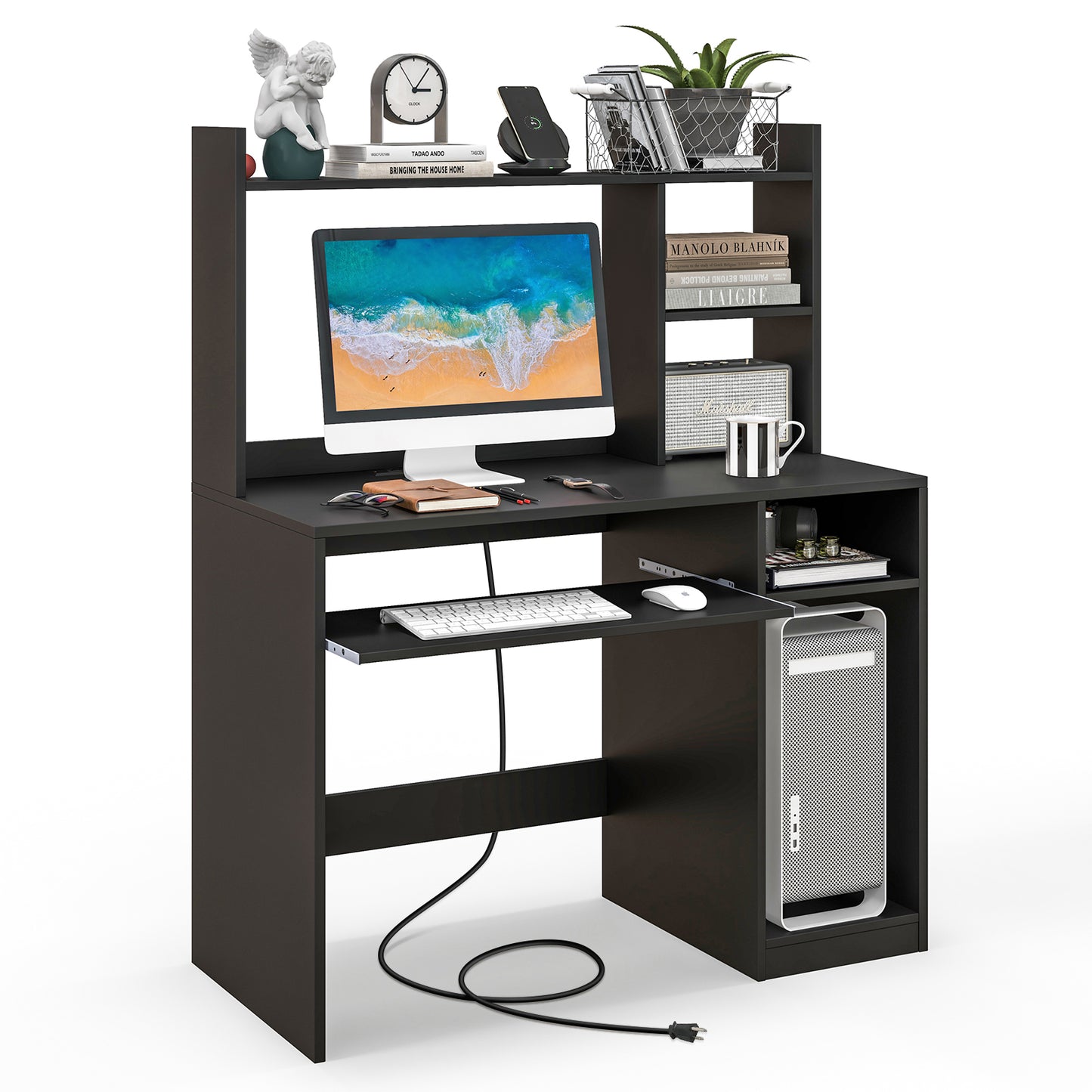 Home Office Computer Desk with Bookcase Keyboard Tray and CPU Stand-Black - Black