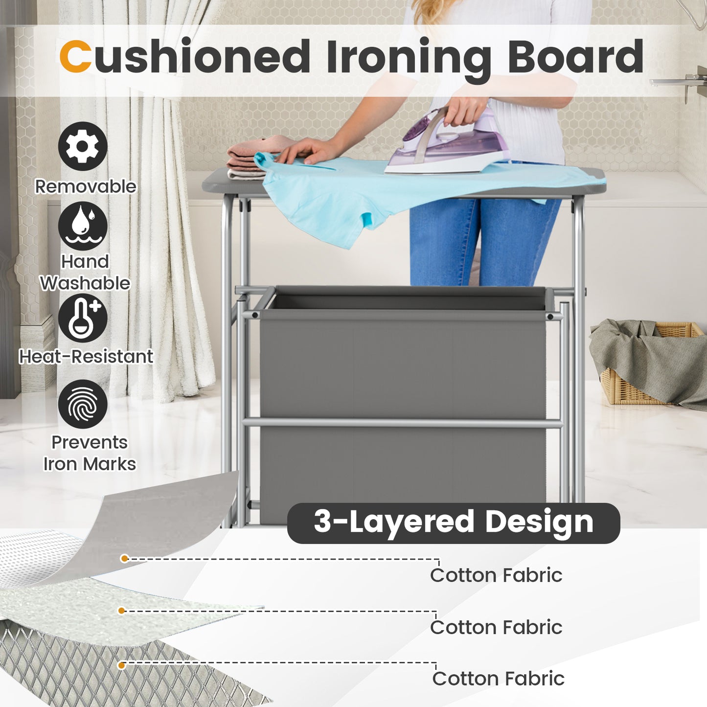 3-Section Laundry Sorter with Foldable Ironing Board and Lockable Wheels-Gray