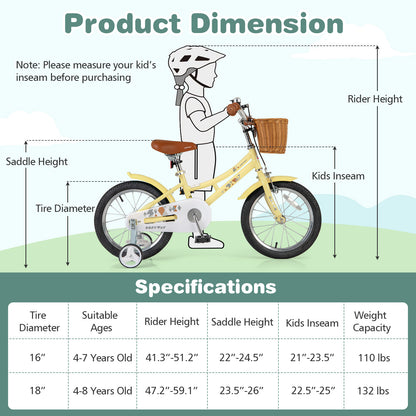 18 Inch Kids Bike Adjustable Bicycle with Reflectors and Bell for Children 4-8 Years Old-18 inches