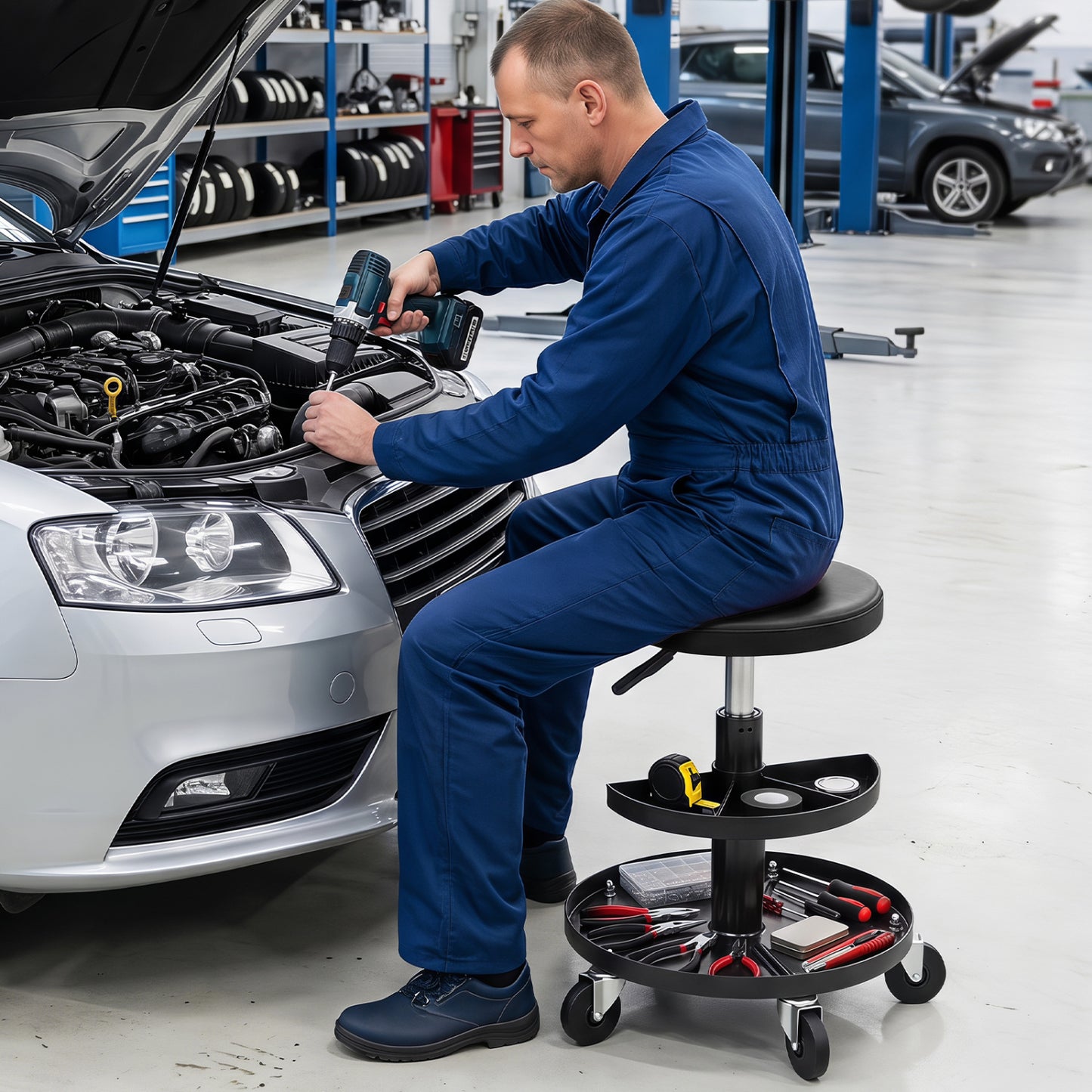 Adjustable Rolling Mechanic Stool with Tool Trays