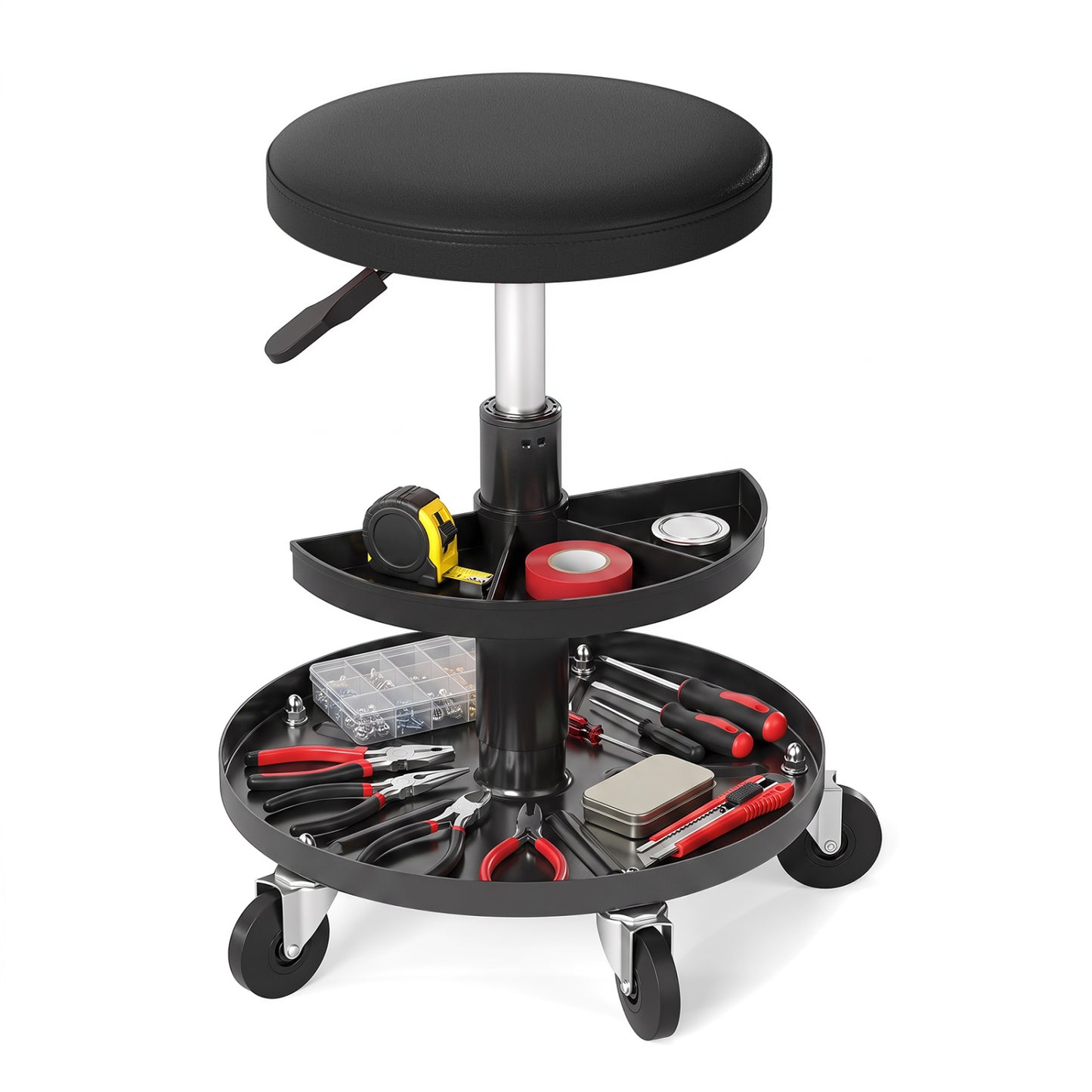 Adjustable Rolling Mechanic Stool with Tool Trays