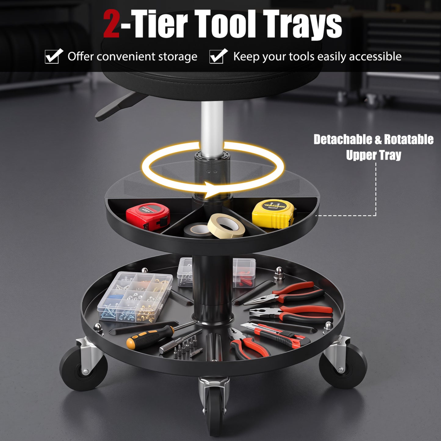 Adjustable Rolling Mechanic Stool with Tool Trays