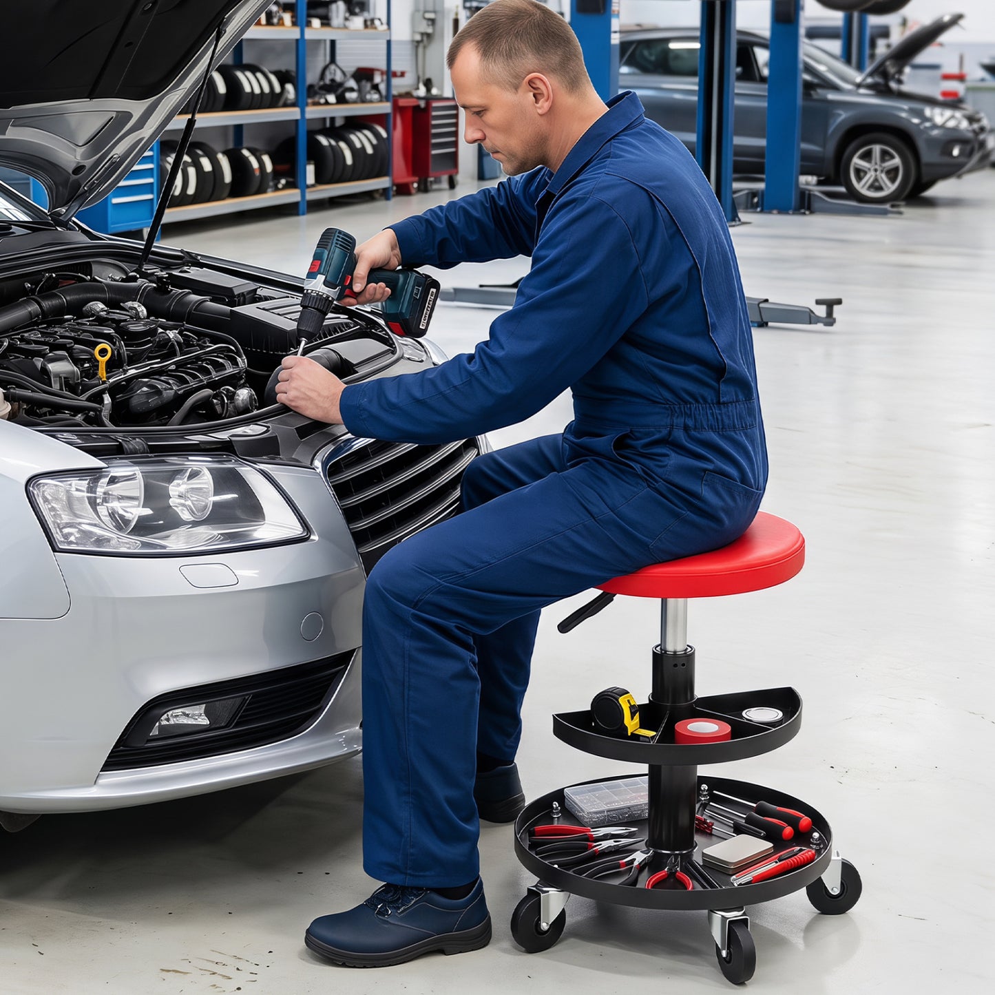 Adjustable Rolling Mechanic Stool with Tool Trays
