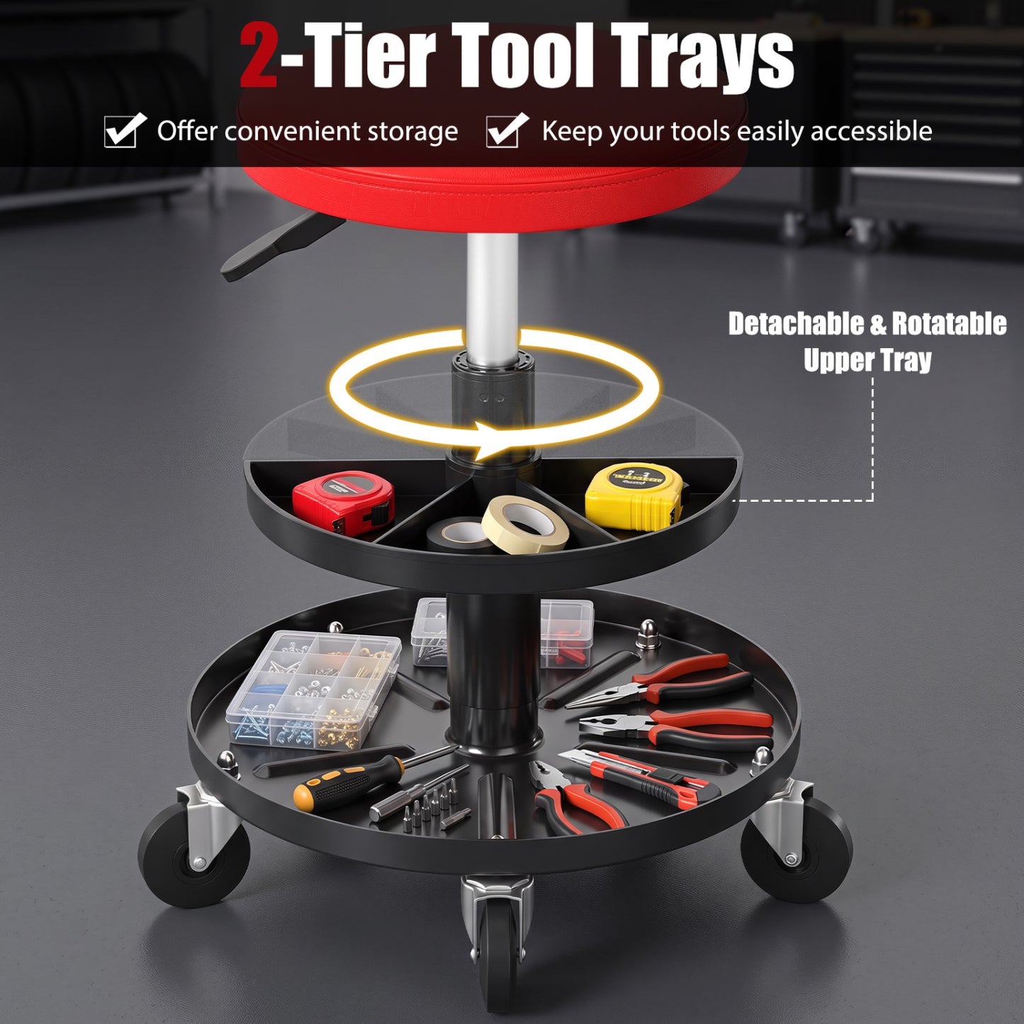 Adjustable Rolling Mechanic Stool with Tool Trays