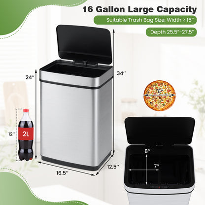 16 Gallon Trash Can Infrared Motion Sensor Garbage Can with Dual Compartments-Silver