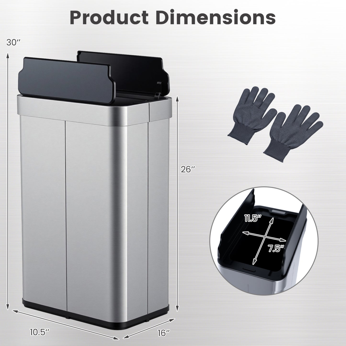 16 Gallon Trash Can with Wing Lids for Bedroom Bathroom Kitchen-Silver