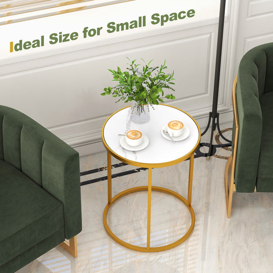 16 Inch Marble Top Round Side Table with Golden Metal Frame for Living Room Bedroom